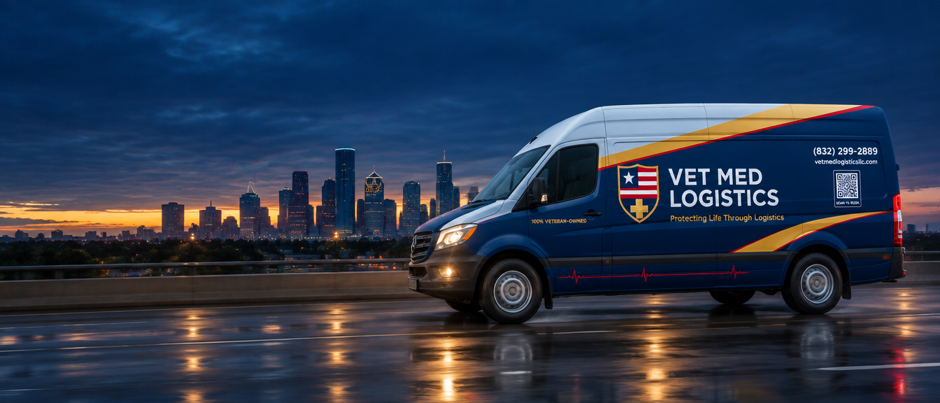Concept rendering of a navy and gold Vet Med Logistics van on a Houston freeway at dawn